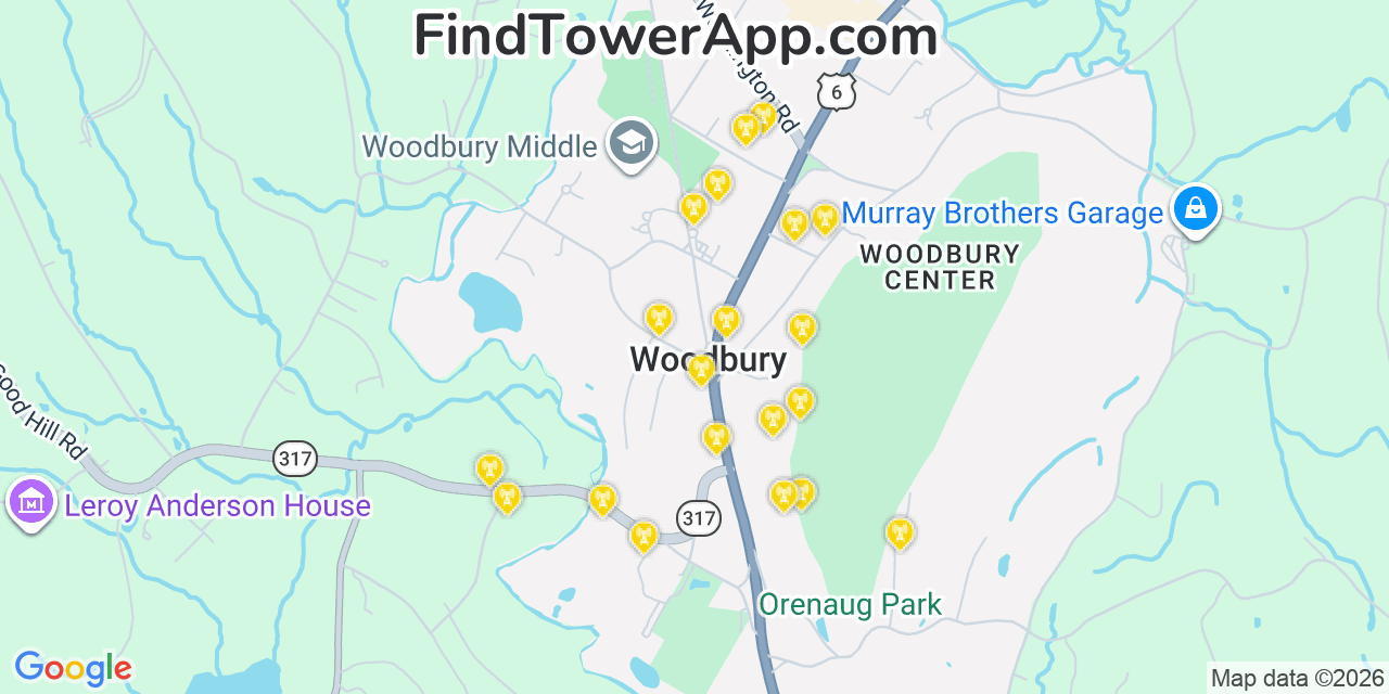 Map showing the 20 primary cell tower locations detected in Woodbury, Connecticut from AT&T, Verizon, and T-Mobile networks