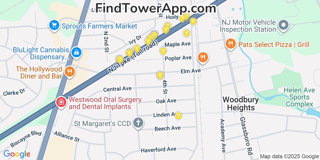 Map showing the 20 primary cell tower locations detected in Woodbury Heights, New Jersey from AT&T, Verizon, and T-Mobile networks