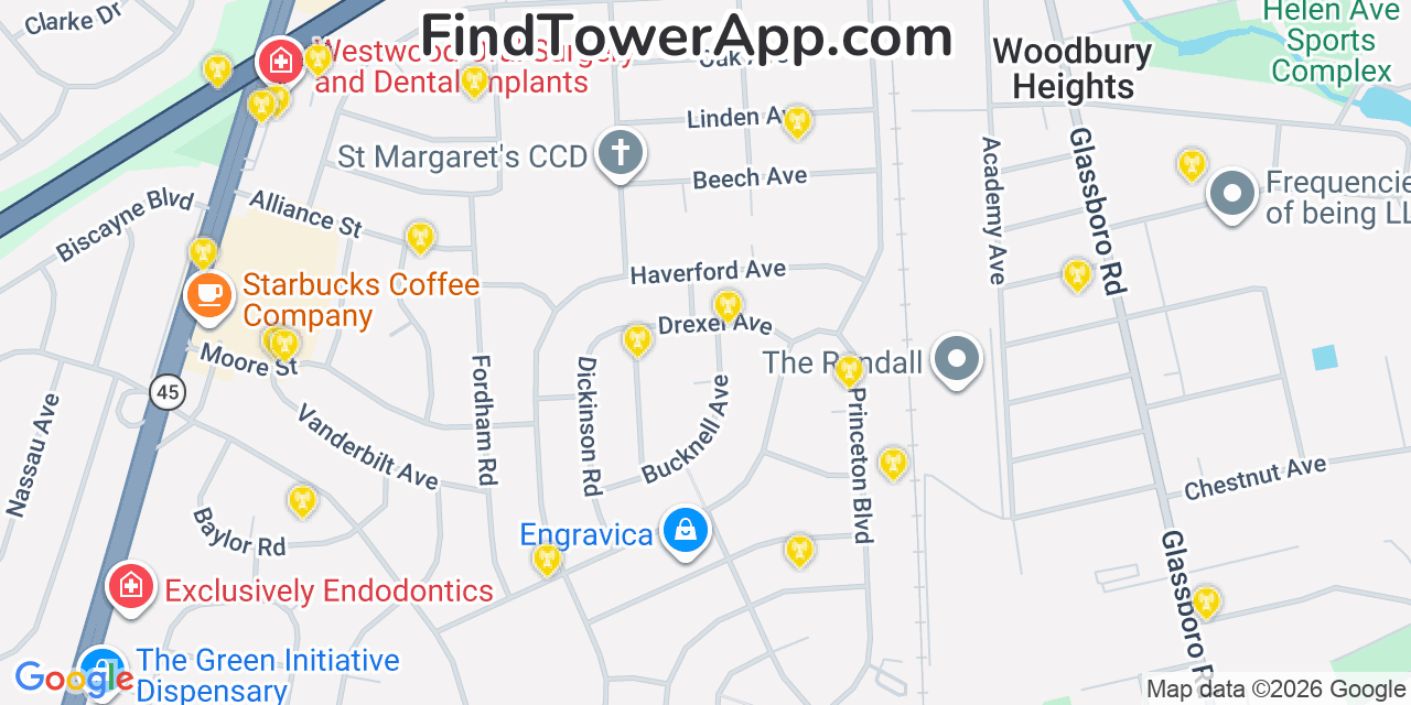 Map showing the 20 primary cell tower locations detected in Woodbury Heights, New Jersey from AT&T, Verizon, and T-Mobile networks