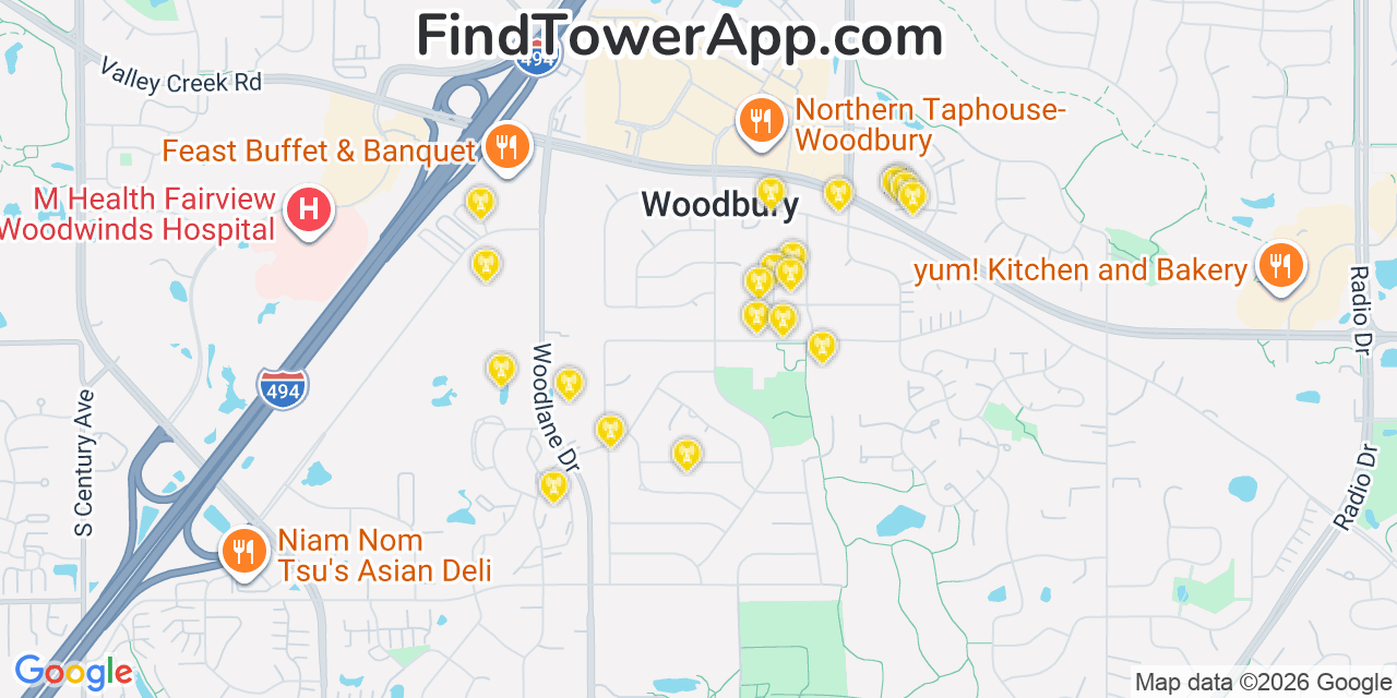Map showing the 20 primary cell tower locations detected in Woodbury, Minnesota from AT&T, Verizon, and T-Mobile networks