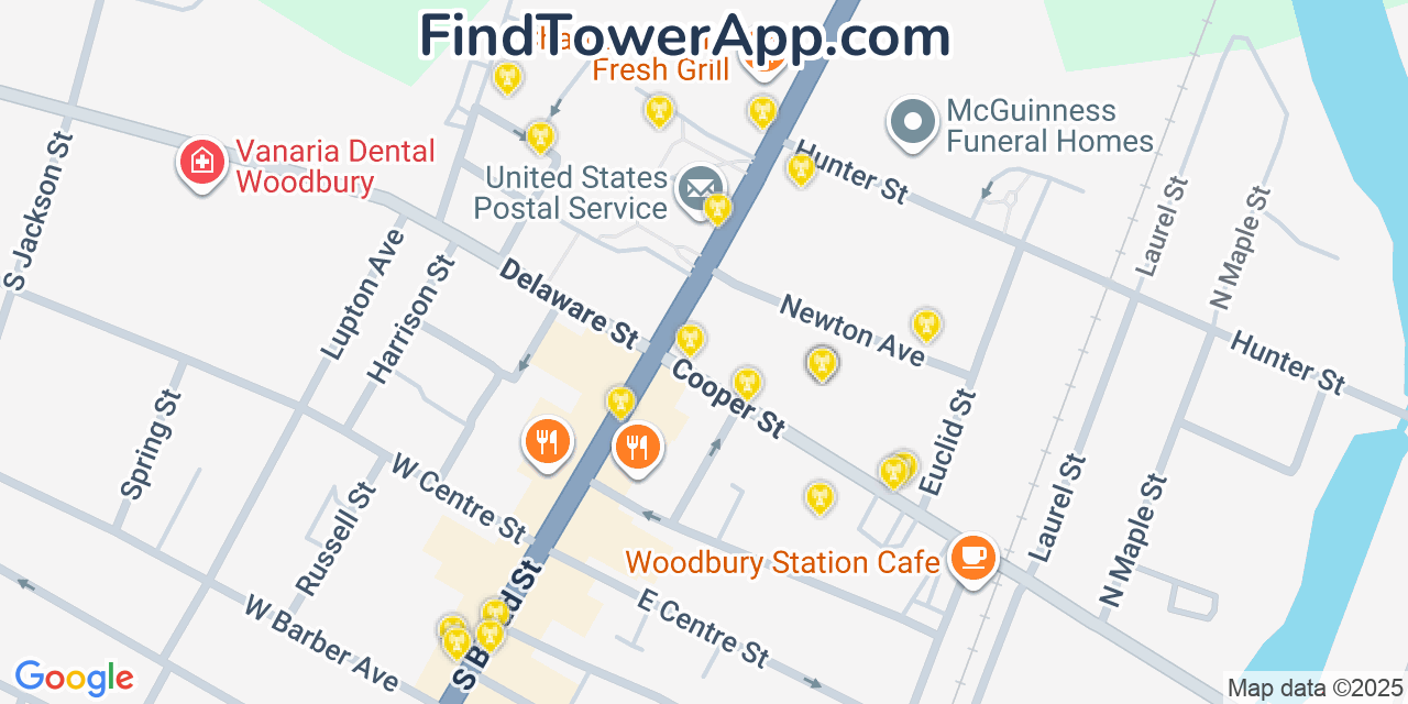 Map showing the 20 primary cell tower locations detected in Woodbury, New Jersey from AT&T, Verizon, and T-Mobile networks