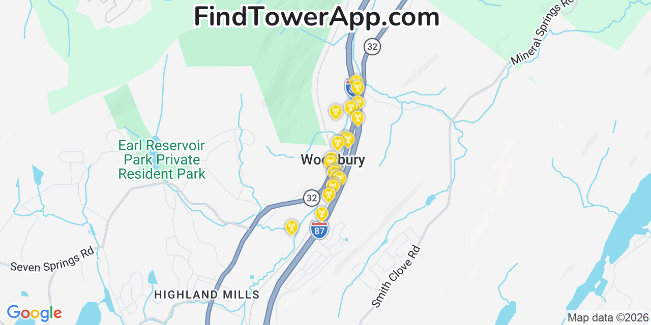 Map showing the 20 primary cell tower locations detected in Woodbury, New York from AT&T, Verizon, and T-Mobile networks