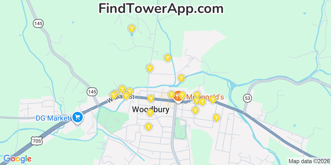 Map showing the 20 primary cell tower locations detected in Woodbury, Tennessee from AT&T, Verizon, and T-Mobile networks