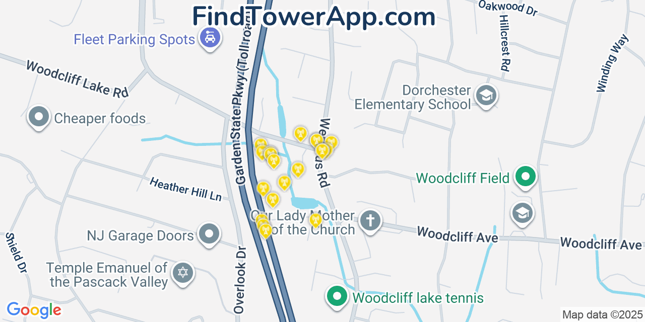Map showing the 20 primary cell tower locations detected in Woodcliff Lake, New Jersey from AT&T, Verizon, and T-Mobile networks