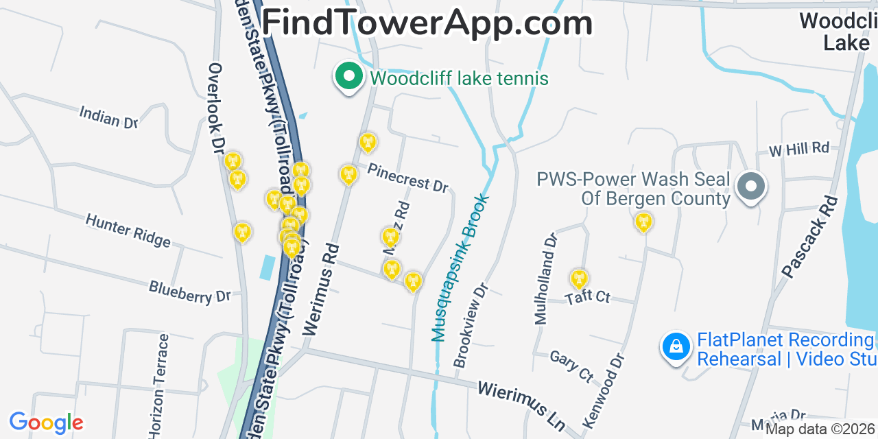 Map showing the 20 primary cell tower locations detected in Woodcliff Lake, New Jersey from AT&T, Verizon, and T-Mobile networks
