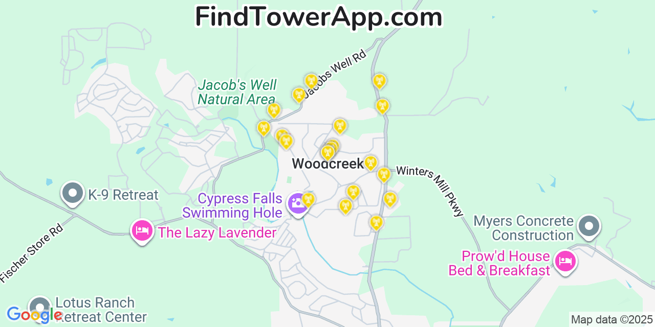 Map showing the 20 primary cell tower locations detected in Woodcreek, Texas from AT&T, Verizon, and T-Mobile networks