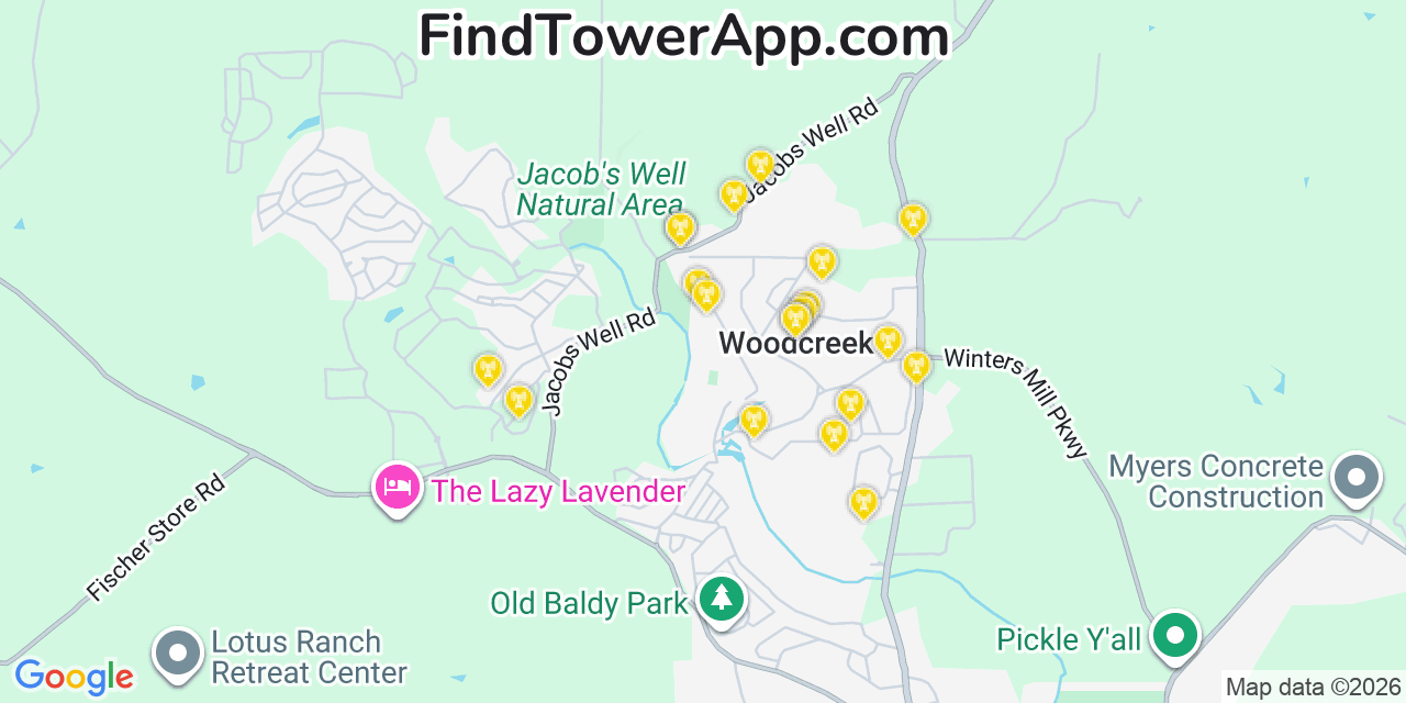 Map showing the 20 primary cell tower locations detected in Woodcreek, Texas from AT&T, Verizon, and T-Mobile networks