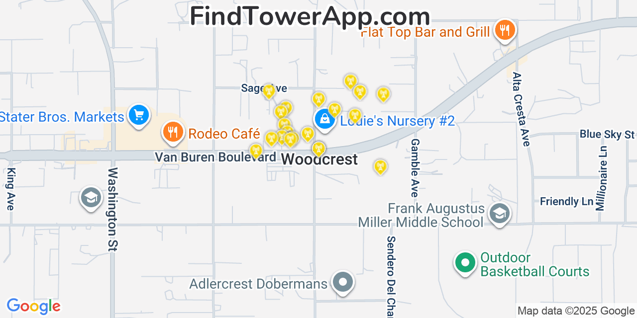 Map showing the 20 primary cell tower locations detected in Woodcrest, California from AT&T, Verizon, and T-Mobile networks