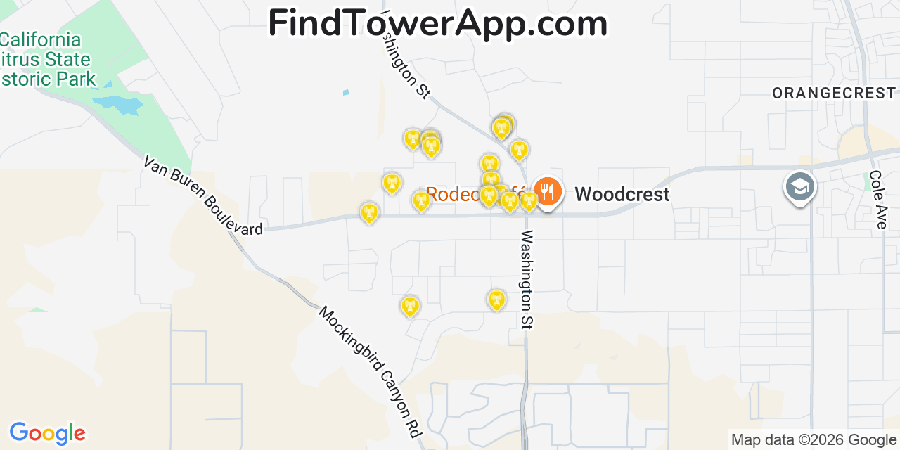 Map showing the 20 primary cell tower locations detected in Woodcrest, California from AT&T, Verizon, and T-Mobile networks