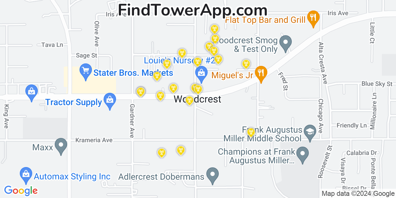 Verizon 4G/5G cell tower coverage map Woodcrest, California