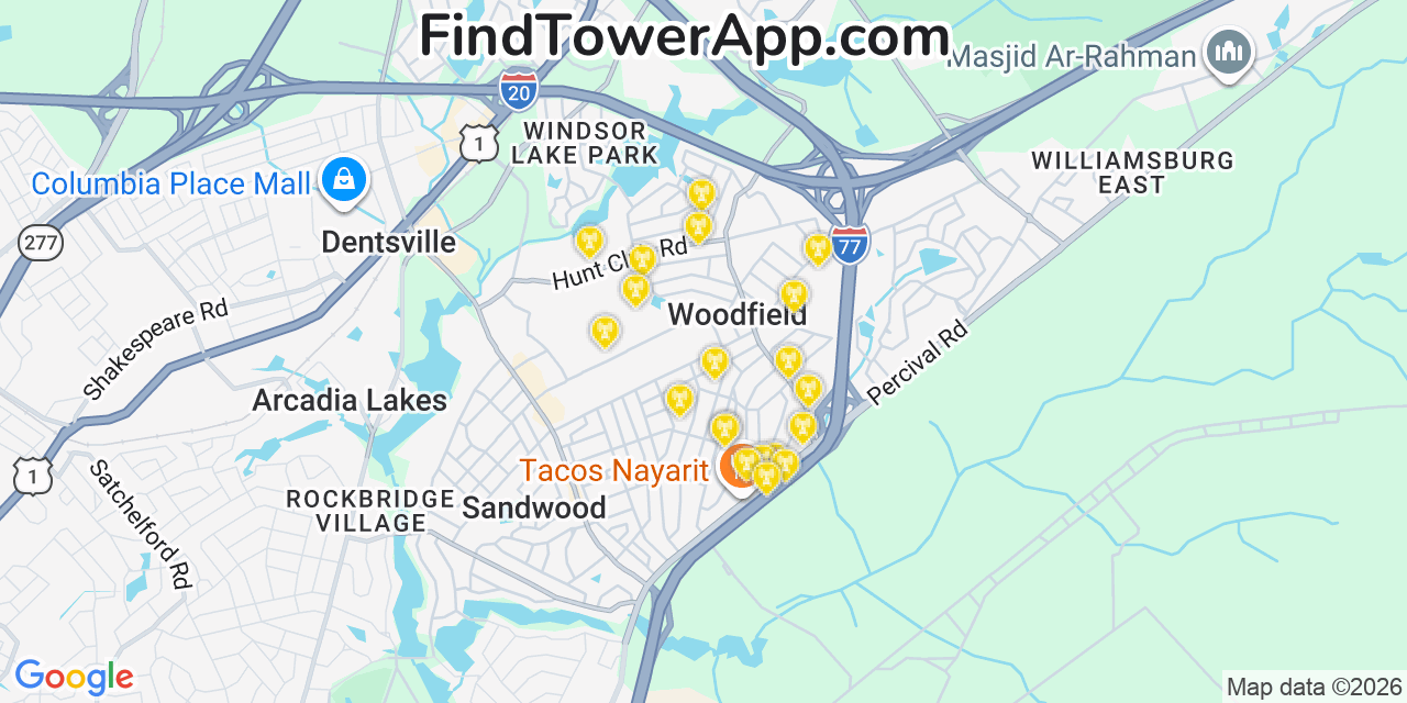 Map showing the 20 primary cell tower locations detected in Woodfield, South Carolina from AT&T, Verizon, and T-Mobile networks