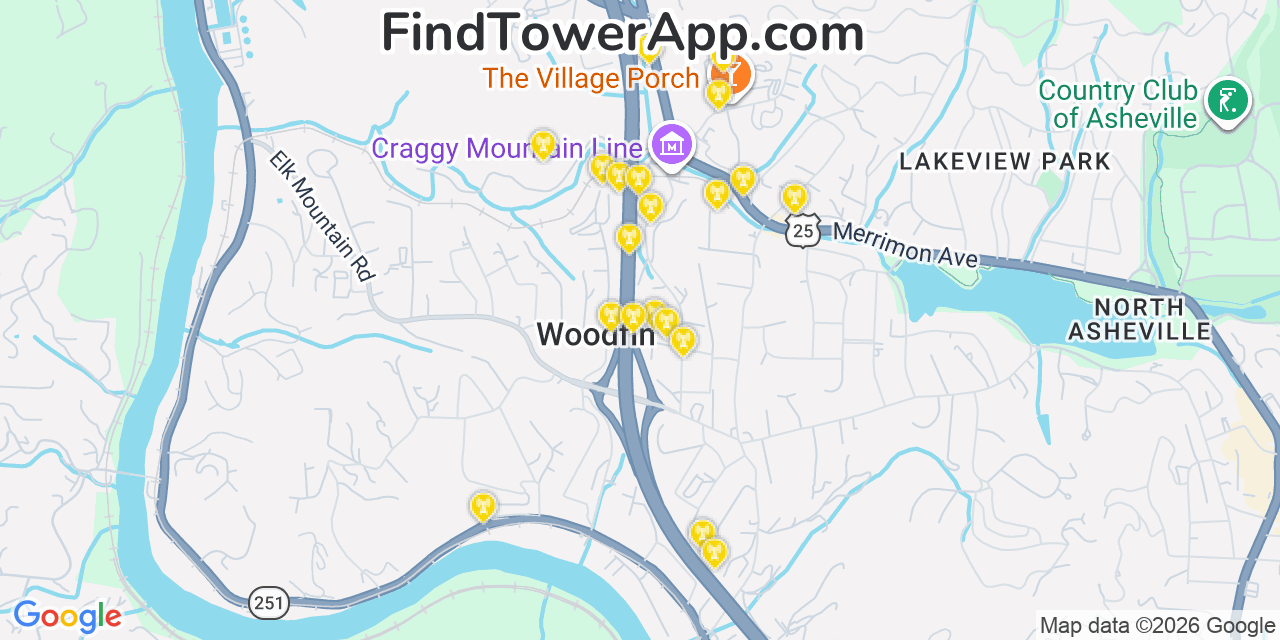 Map showing the 20 primary cell tower locations detected in Woodfin, North Carolina from AT&T, Verizon, and T-Mobile networks