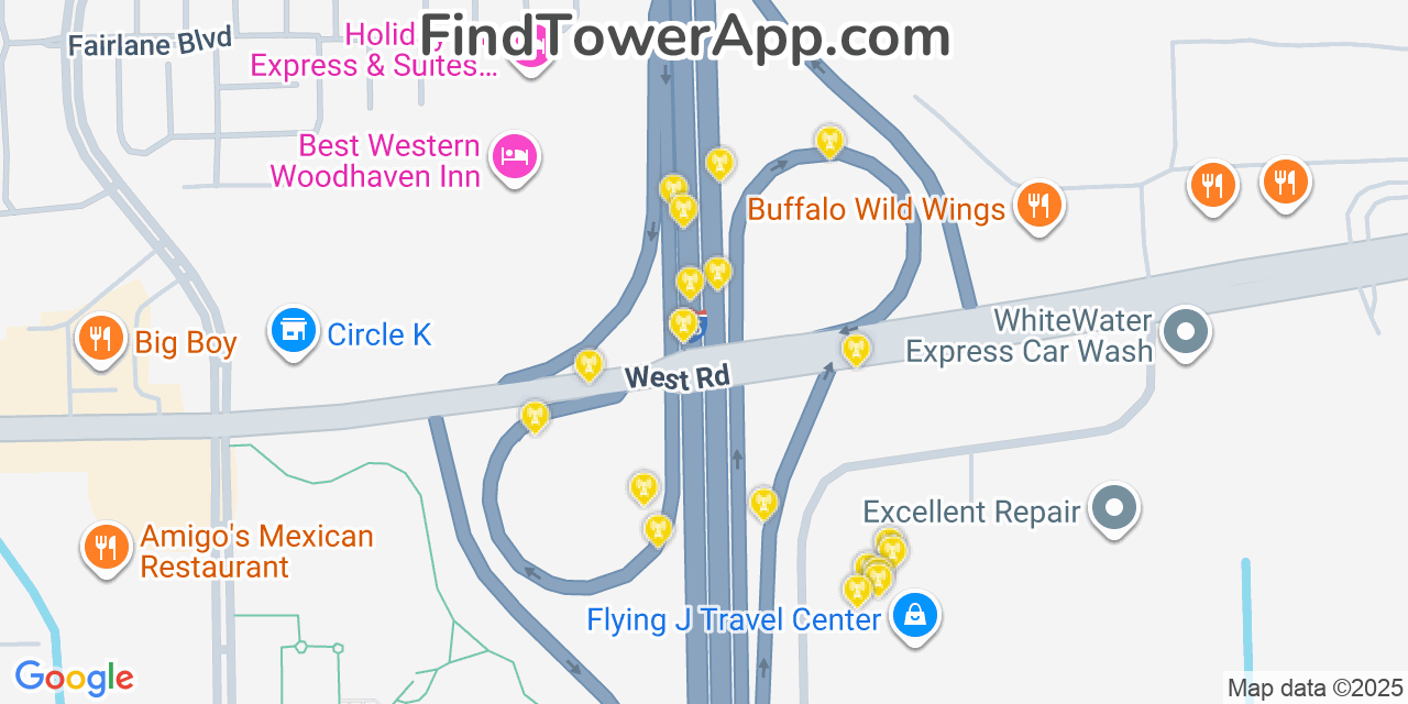 Map showing the 20 primary cell tower locations detected in Woodhaven, Michigan from AT&T, Verizon, and T-Mobile networks