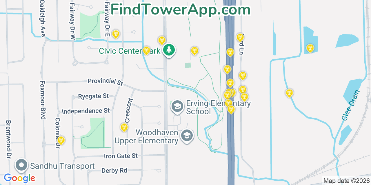 Map showing the 20 primary cell tower locations detected in Woodhaven, Michigan from AT&T, Verizon, and T-Mobile networks