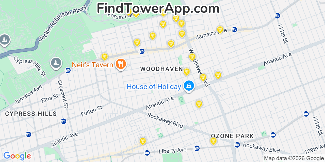 Map showing the 20 primary cell tower locations detected in Woodhaven, New York from AT&T, Verizon, and T-Mobile networks