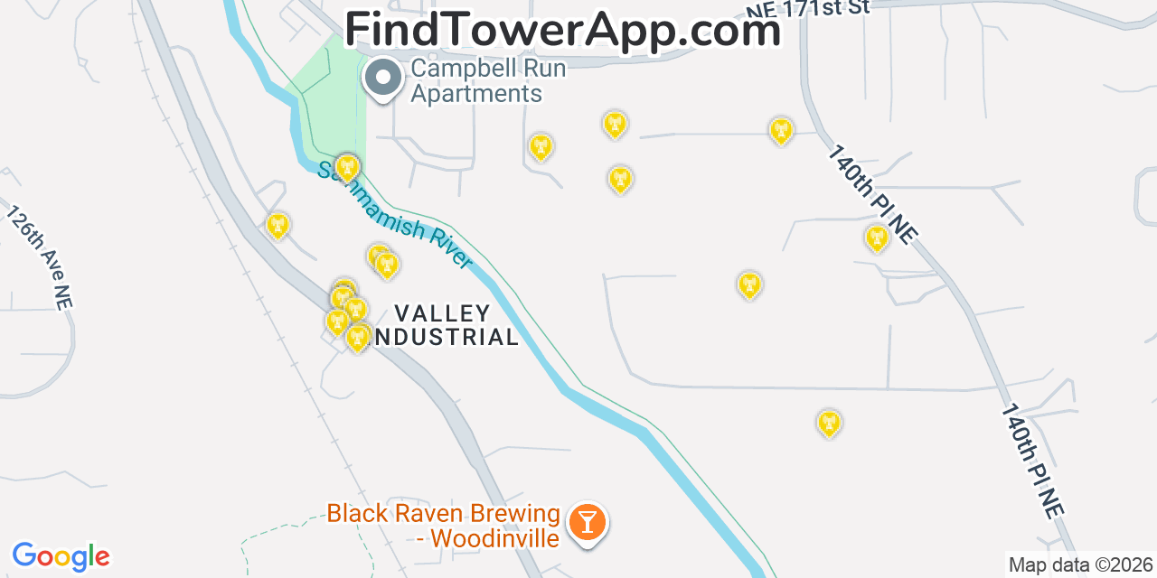 Map showing the 20 primary cell tower locations detected in Woodinville, Washington from AT&T, Verizon, and T-Mobile networks