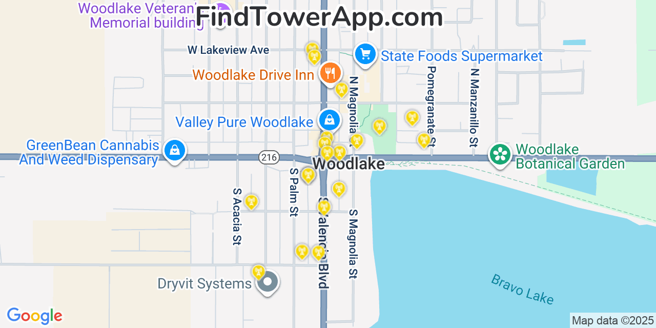 Map showing the 20 primary cell tower locations detected in Woodlake, California from AT&T, Verizon, and T-Mobile networks