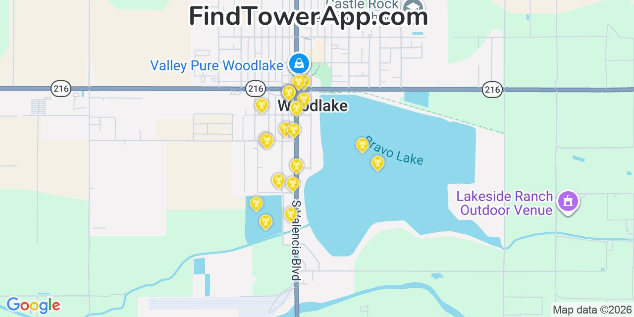 Map showing the 20 primary cell tower locations detected in Woodlake, California from AT&T, Verizon, and T-Mobile networks