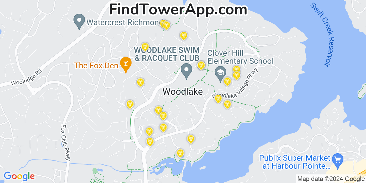 AT&T 4G/5G cell tower coverage map Woodlake, Virginia