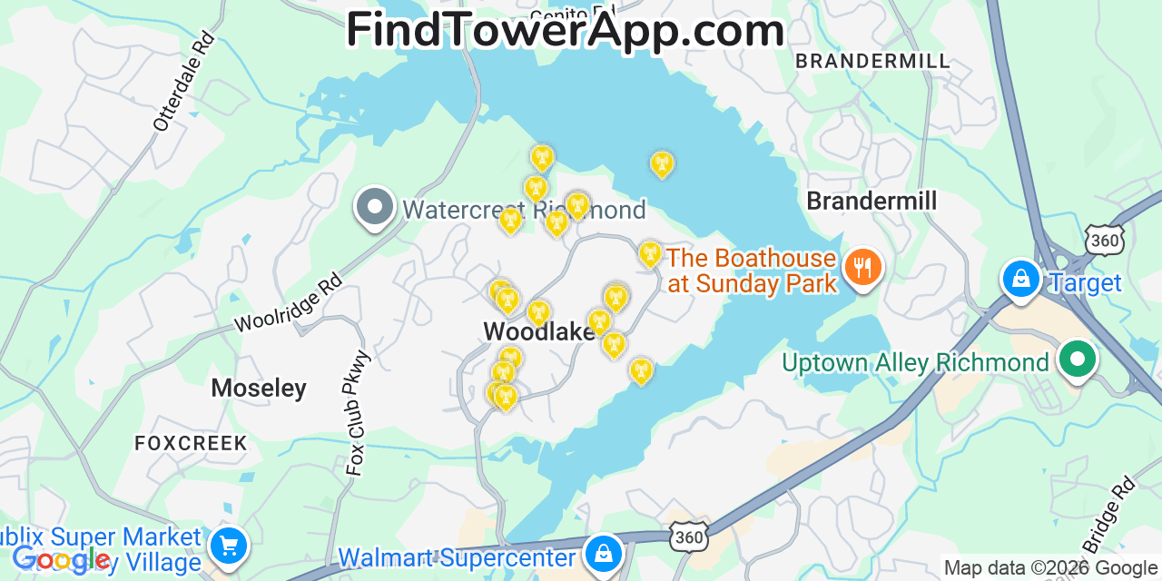 Map showing the 20 primary cell tower locations detected in Woodlake, Virginia from AT&T, Verizon, and T-Mobile networks