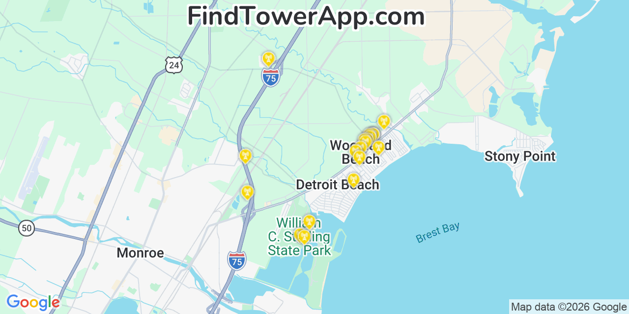 Map showing the 20 primary cell tower locations detected in Woodland Beach, Michigan from AT&T, Verizon, and T-Mobile networks