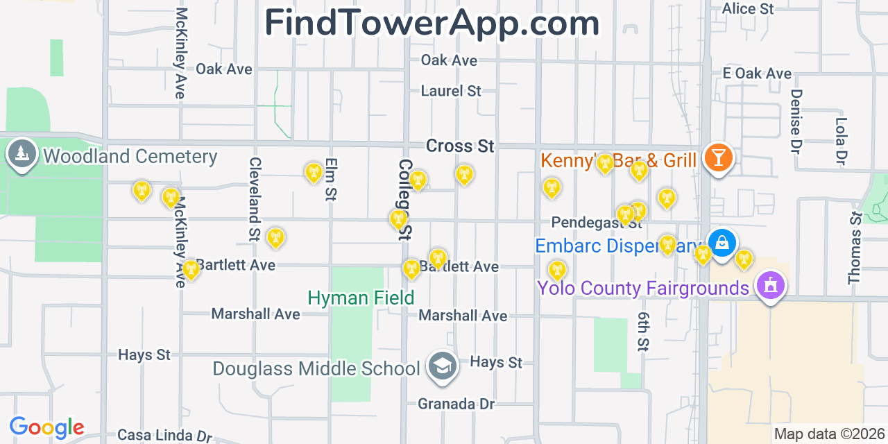 Map showing the 20 primary cell tower locations detected in Woodland, California from AT&T, Verizon, and T-Mobile networks