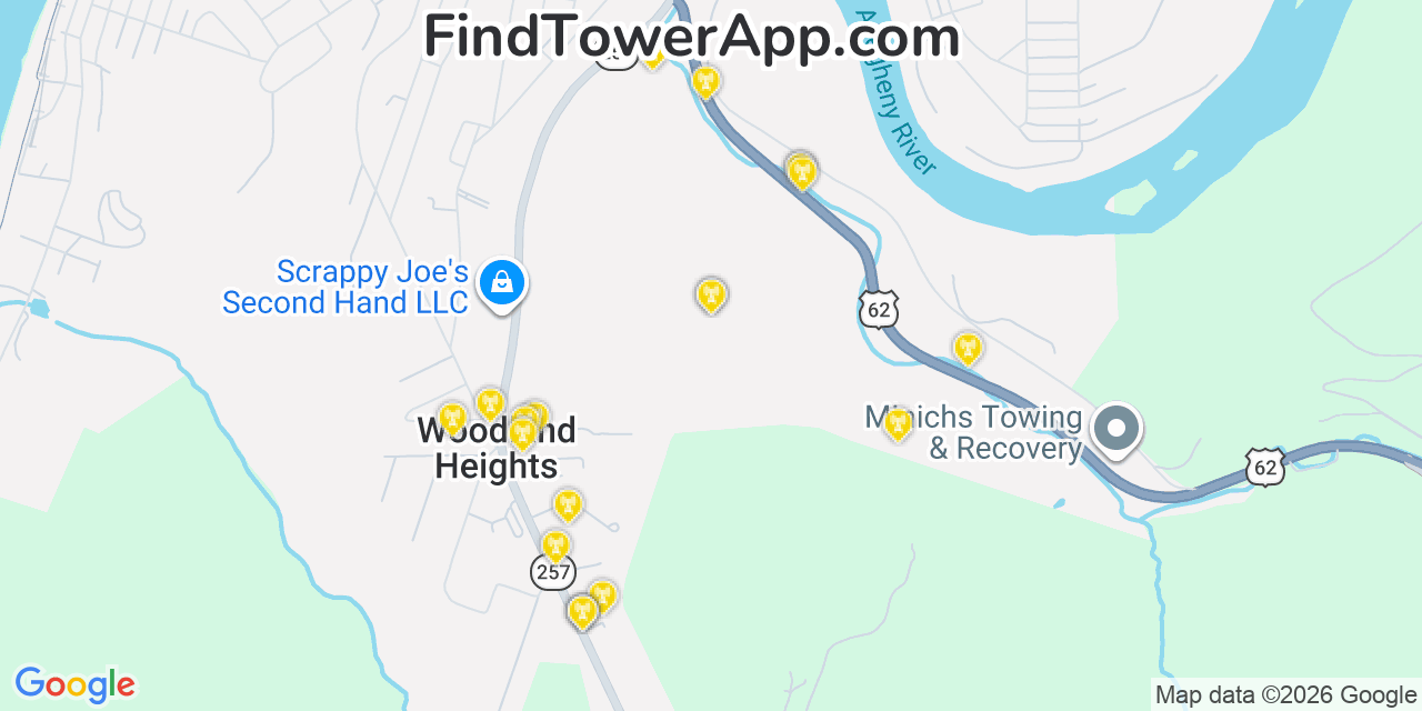 Map showing the 20 primary cell tower locations detected in Woodland Heights, Pennsylvania from AT&T, Verizon, and T-Mobile networks