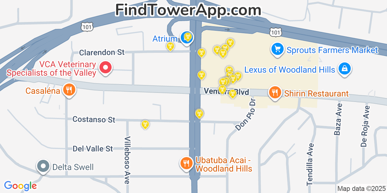 Map showing the 20 primary cell tower locations detected in Woodland Hills, California from AT&T, Verizon, and T-Mobile networks