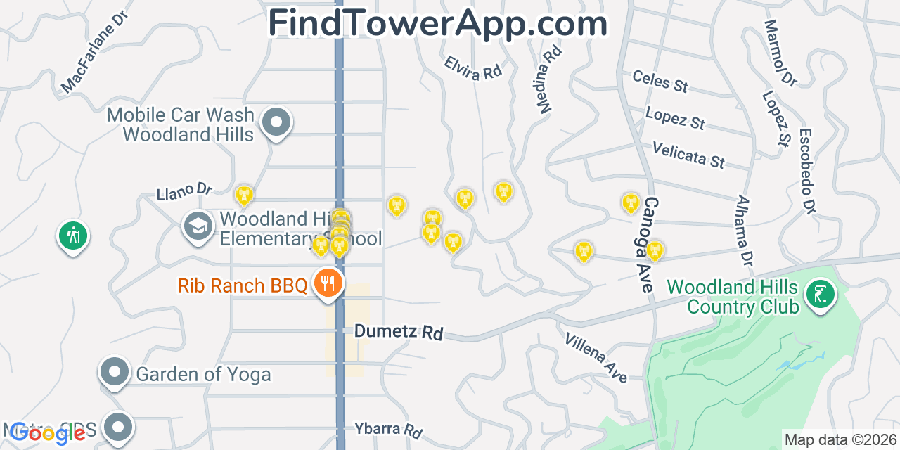 Map showing the 20 primary cell tower locations detected in Woodland Hills, California from AT&T, Verizon, and T-Mobile networks