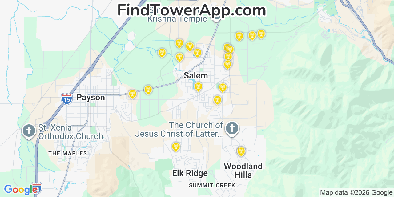 Map showing the 20 primary cell tower locations detected in Woodland Hills, Utah from AT&T, Verizon, and T-Mobile networks