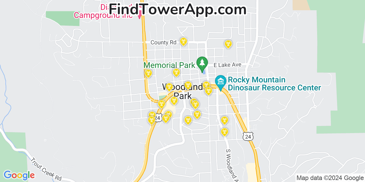 AT&T 4G/5G cell tower coverage map Woodland Park, Colorado