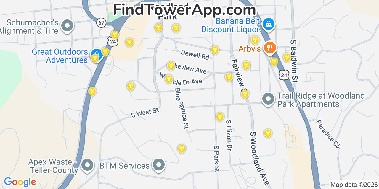 Map showing the 20 primary cell tower locations detected in Woodland Park, Colorado from AT&T, Verizon, and T-Mobile networks