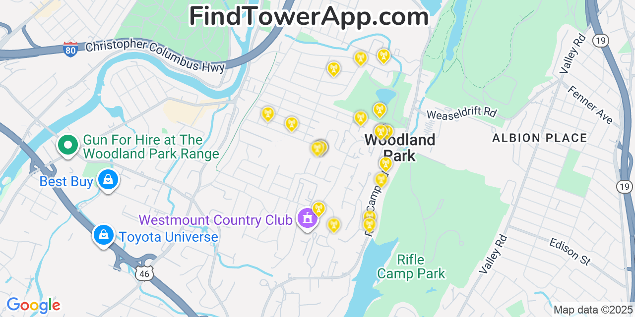 Map showing the 20 primary cell tower locations detected in Woodland Park, New Jersey from AT&T, Verizon, and T-Mobile networks