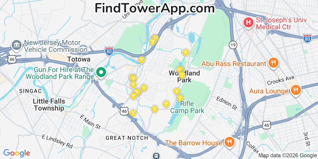 Map showing the 20 primary cell tower locations detected in Woodland Park, New Jersey from AT&T, Verizon, and T-Mobile networks