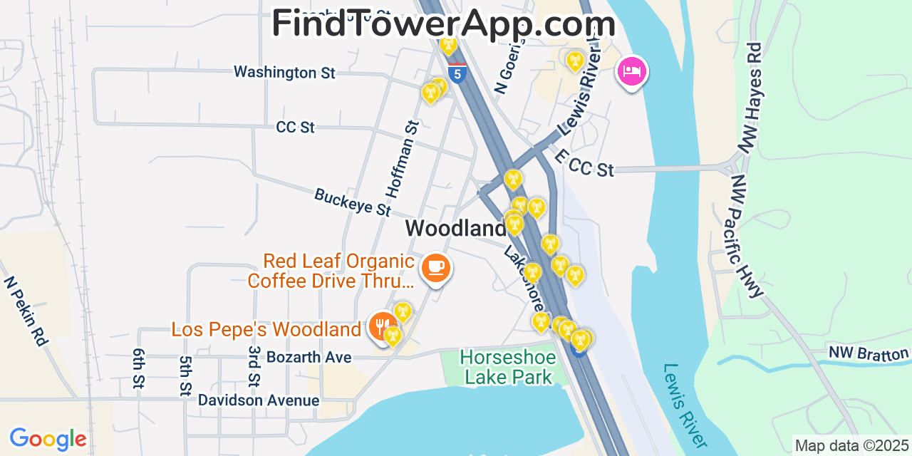 Map showing the 20 primary cell tower locations detected in Woodland, Washington from AT&T, Verizon, and T-Mobile networks