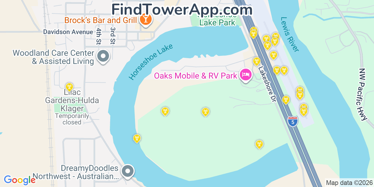 Map showing the 20 primary cell tower locations detected in Woodland, Washington from AT&T, Verizon, and T-Mobile networks