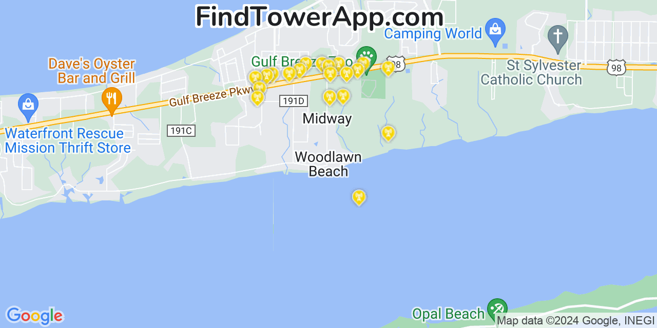 AT&T 4G/5G cell tower coverage map Woodlawn Beach, Florida