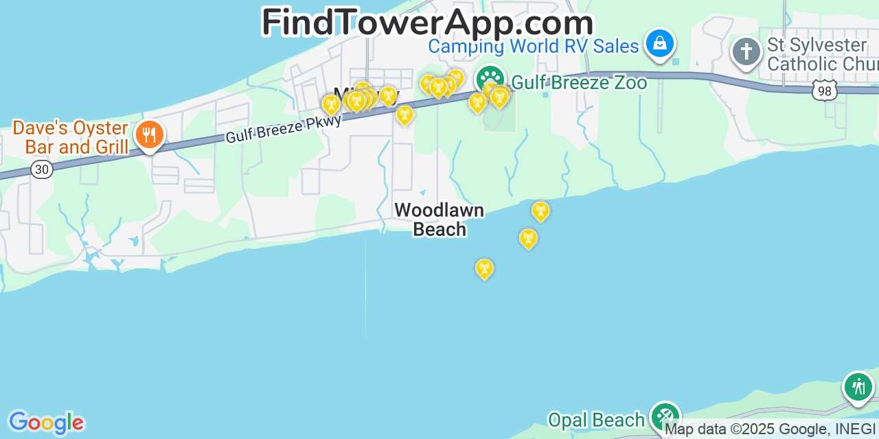 Map showing the 20 primary cell tower locations detected in Woodlawn Beach, Florida from AT&T, Verizon, and T-Mobile networks