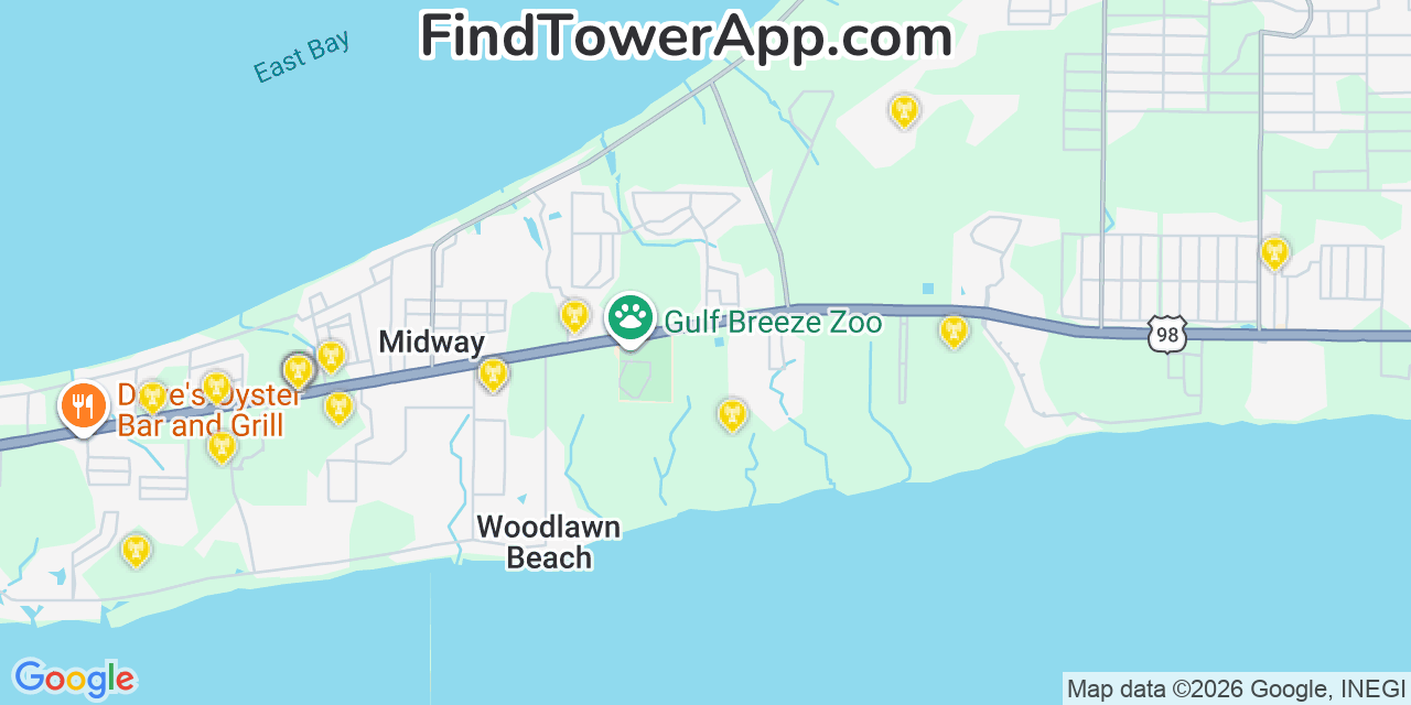 Map showing the 20 primary cell tower locations detected in Woodlawn Beach, Florida from AT&T, Verizon, and T-Mobile networks