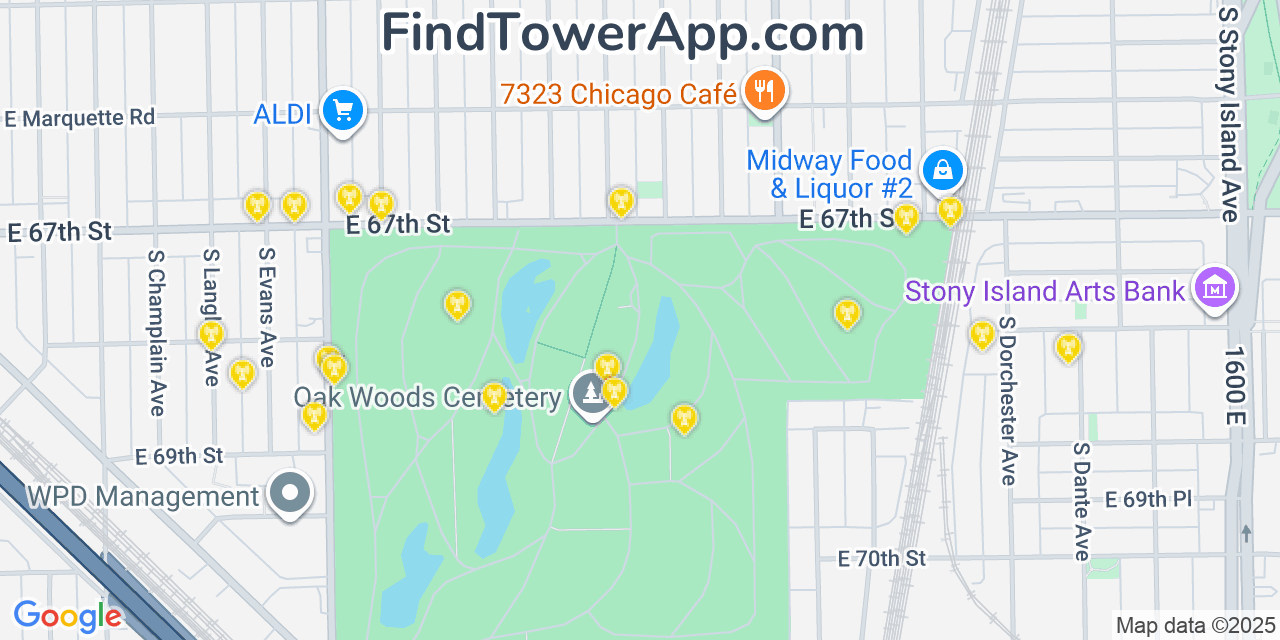 Map showing the 20 primary cell tower locations detected in Woodlawn, Illinois from AT&T, Verizon, and T-Mobile networks