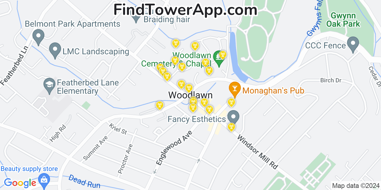 AT&T 4G/5G cell tower coverage map Woodlawn, Maryland