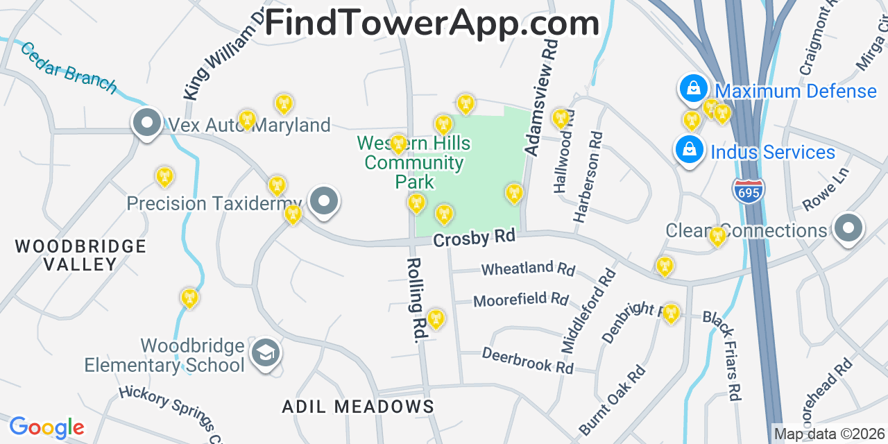 Map showing the 20 primary cell tower locations detected in Woodlawn, Maryland from AT&T, Verizon, and T-Mobile networks