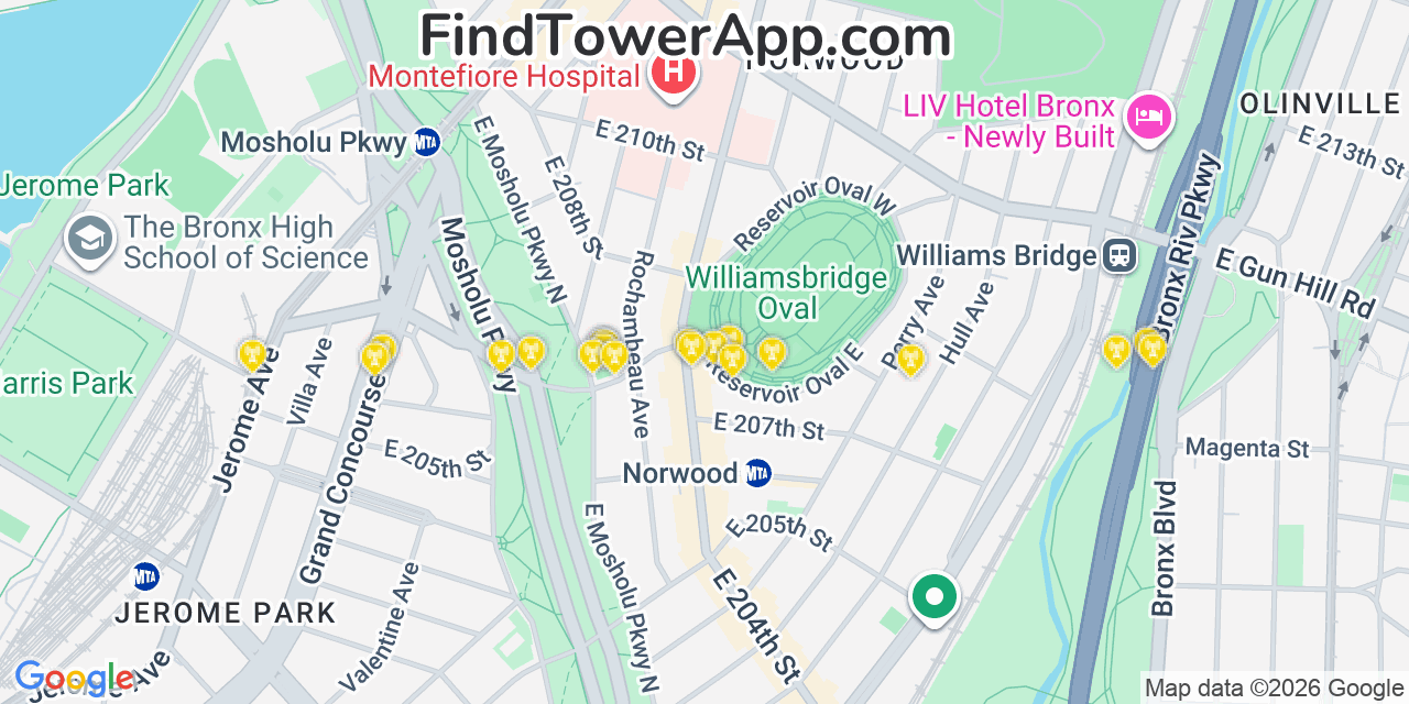 Map showing the 20 primary cell tower locations detected in Woodlawn, New York from AT&T, Verizon, and T-Mobile networks
