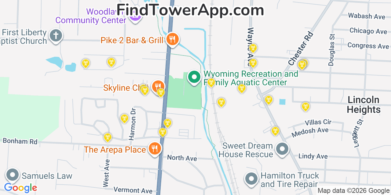 Map showing the 20 primary cell tower locations detected in Woodlawn, Ohio from AT&T, Verizon, and T-Mobile networks