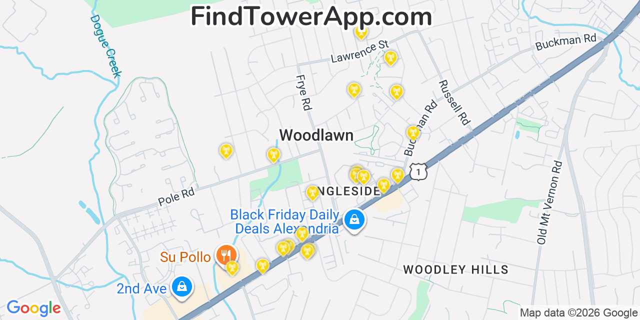 Map showing the 20 primary cell tower locations detected in Woodlawn, Virginia from AT&T, Verizon, and T-Mobile networks