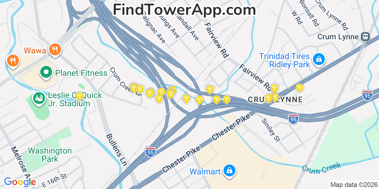 Map showing the 20 primary cell tower locations detected in Woodlyn, Pennsylvania from AT&T, Verizon, and T-Mobile networks