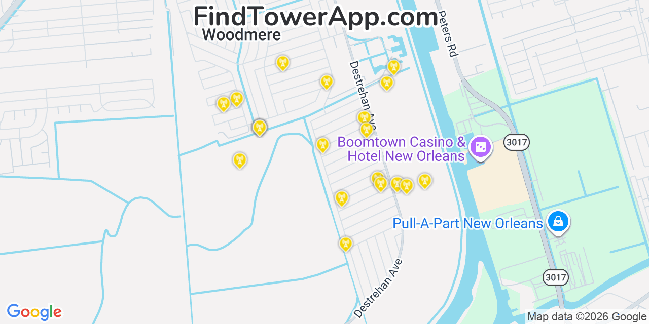 Map showing the 20 primary cell tower locations detected in Woodmere, Louisiana from AT&T, Verizon, and T-Mobile networks