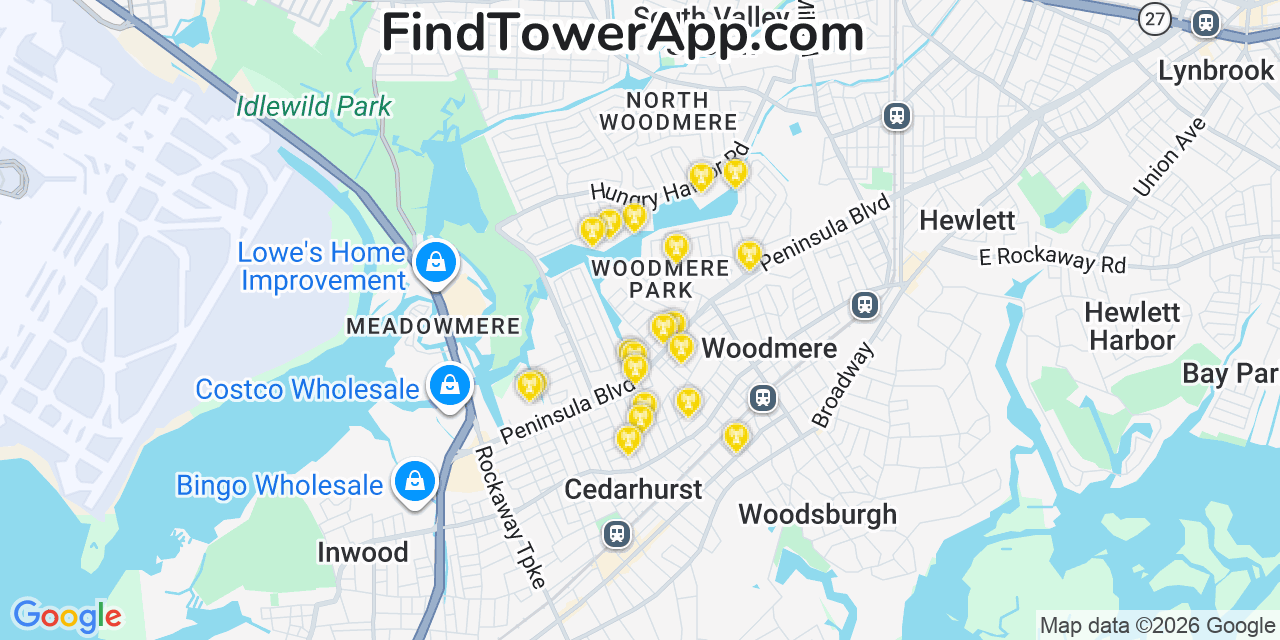 Map showing the 20 primary cell tower locations detected in Woodmere, New York from AT&T, Verizon, and T-Mobile networks
