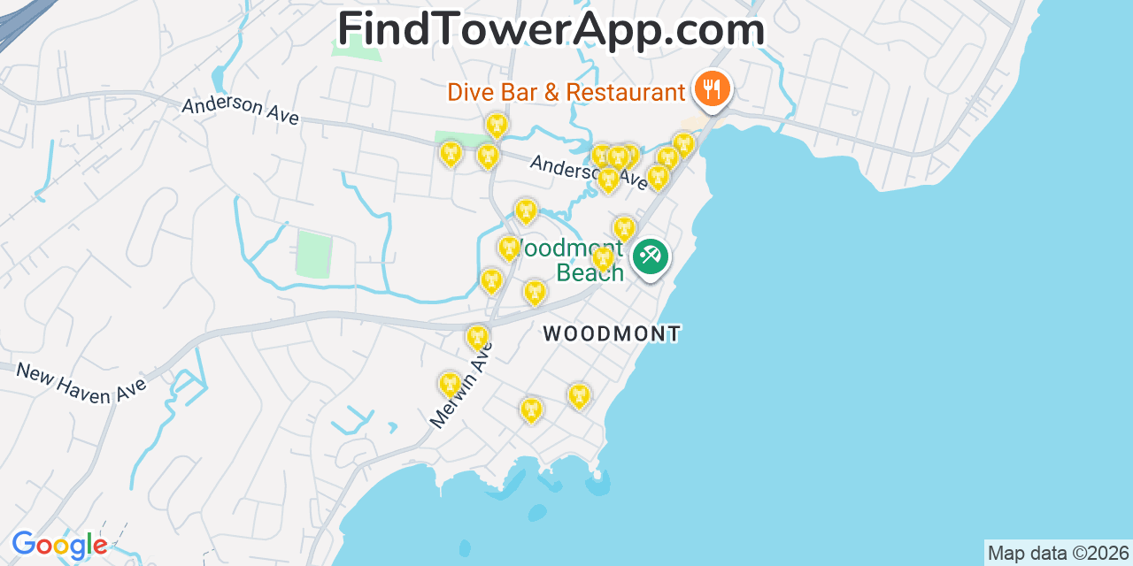 Map showing the 20 primary cell tower locations detected in Woodmont, Connecticut from AT&T, Verizon, and T-Mobile networks
