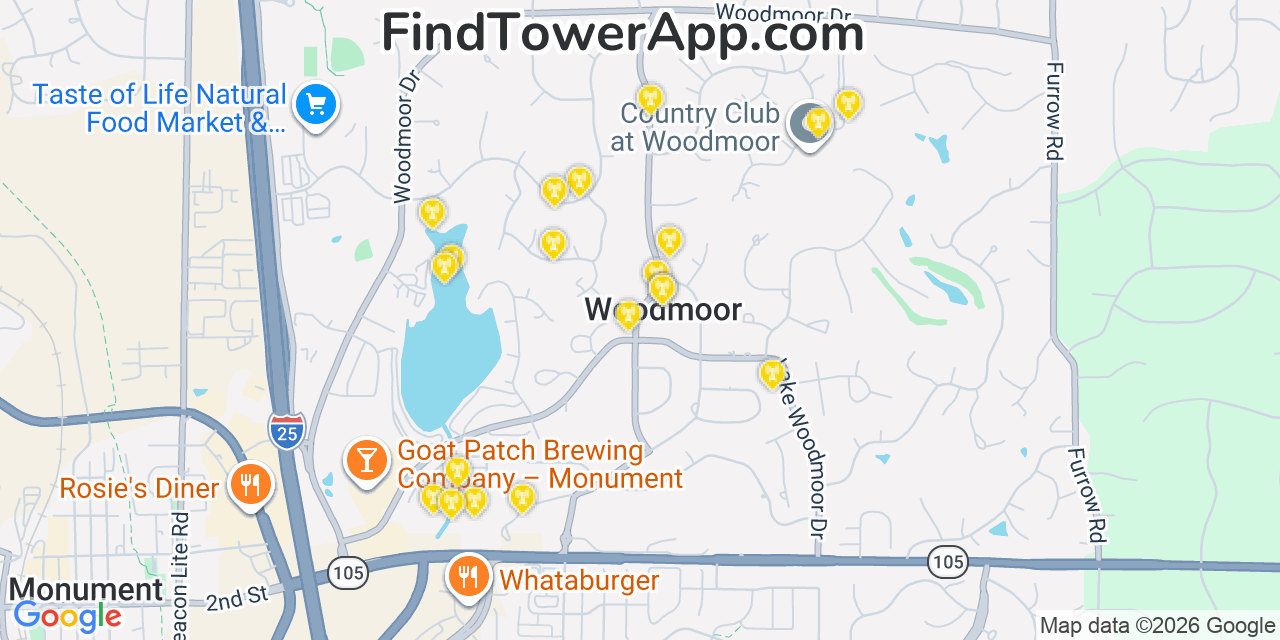Map showing the 20 primary cell tower locations detected in Woodmoor, Colorado from AT&T, Verizon, and T-Mobile networks